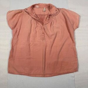 Vintage 70s Sears JR Bazaar Coral Pink Short Sleeve Embroidered Blouse Womens L